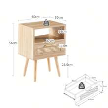 Rattan Side Table With Drawer And Solid Wood Legs, Modern Bedside Table, Side Table For Living Room, Bedroom, Natural Wood Look - H55/W40/D30 Cm - Natural Materials + Medium Density Fiberboard - View 6