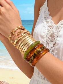 Random 21/16/8/6/4pcs Vintage Fashion Elegant Bohemian Vacation Style Daily Geometric Asymmetrical Blue Green Pink Colorful Acrylic Resin Marbled Bracelets Stacked Gold-Tone Wide Plain Carved Hammered Texture Bracelet Set Y2K Cute Jewelry Accessories Suitable For Women's Daily Beach Party Birthday Wear (Resin Pattern Random) - Multicolor - View 7