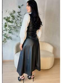 Elegant Long Leather Dress With Belt - Black - View 3