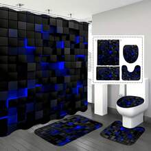4pcs Geometric Square Pattern Shower Curtain Set, Shower Curtain With 12 Hooks, Non-Slip Bath Mat, U-Shaped Toilet Mat, Toilet Mat, Bathroom Decoration Accessories - A - View 3