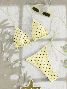 Bộ bikini không tay dây chéo họa tiết chấm bi mềm mại mới của PEPPERMOLLY, bikini thời trang mùa hè thanh lịch dành cho nữ đi biển. - vàng nhạt - Xem 1