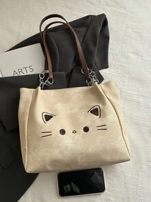 温柔猫脸刺绣帆布包，可爱云朵挂饰，韩版休闲风女士百搭手提包 - 卡其色 - 查看 9