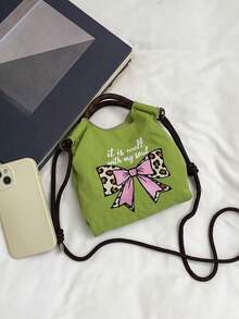 1pc Women's Handbag, Detachable Shoulder Strap, Multi-Color Nylon + Leopard Bow Embroidery + Drawstring Design, Nylon Material, Mini Tote Shoulder Crossbody, Drawstring Closure, Sweet & Cool Girl Style Bucket Bag, Suitable For Daily, Commute, Casual, Date - Multicolor - View 12