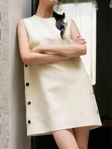 女士休闲侧扣无袖短连衣裙，夏季 - 杏色 - 查看 6