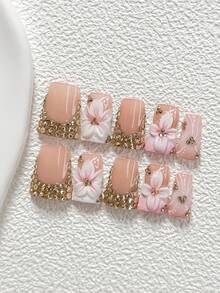 10Pcs The Dazzling, Luxurious Heiress Style Handmade Nail Art Set,Champagne-Colored Design With Irregular Small Round Diamonds Nail ,Includes Nail Tools,3 Sizes Available,Almond Nails , Duck Nails,Coffin Nails For Party, Dance, Daily Wear. - 彩色 - 查看 18
