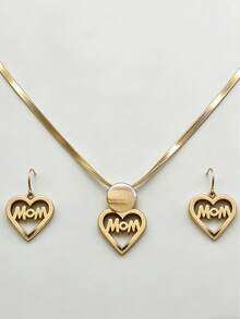 Bộ trang sức quà tặng Ngày của Mẹ 2 món - Dây chuyền dạng mắt xích dẹt với mặt dây chuyền hình đĩa vàng, bông tai hình trái tim rỗng khắc chữ "MOM", thích hợp làm quà tặng cho bạn bè, mẹ, nhân dịp sinh nhật, đeo hàng ngày hoặc ngày lễ. - Vàng - Xem 2