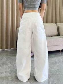 1 chiếc quần jeans nữ ống rộng dáng suông, thoải mái, phong cách đường phố Mỹ, đa năng cho mọi mùa (Không bao gồm thắt lưng/phụ kiện) Màu trắng - trắng - Xem 2