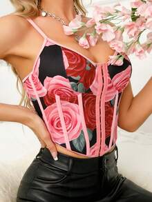 Adjustable Strap Rose Print Waist Cincher Top For Women - Pink - View 3