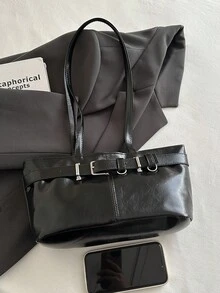 Nueva bolsa de tote de moda retro, decoración de cinturón de metal, apertura con cremallera, minimalista ligero, bolsa de hombro de capacidad pequeña y suave, adecuada para la vida diaria de las mujeres, ir y venir del trabajo, vacaciones y estudiantes - Negro - Ver 4