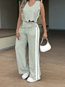 Women's New Elegant Casual Commuter Style Button Striped Summer Top And Pants 2 Pieces Set - Green - View 4