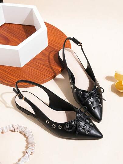 2026 New Black Flat Pointed Toe Bowknot Slip-On Sandals For Women