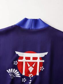 Cárdigan tipo kimono japonés, cárdigan ligero y transpirable con estampado floral de sakura de corte holgado, lavable a máquina, prenda exterior - Azul Marino - Ver 7