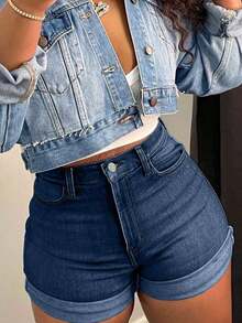 Fashionable Peach-Shaped Women's Minimalist All-Match Versatile Shorts Casual Summer - Dark Wash - View 3