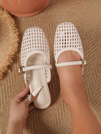 2026 New Bohemian Hollow Out Woven Breathable Slip-On Mules, Flat Casual Comfortable Elegant Perforated Shoes, Lightweight, Breathable, Suitable For Daily Casual, Shopping, Office And Other Occasions