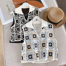 Áo khoác nữ kiểu retro móc len cổ chữ V phối màu tương phản, họa tiết kẻ caro thêu họa tiết khoét lỗ, màu trắng, thích hợp cho mùa hè. - trắng - Xem 5
