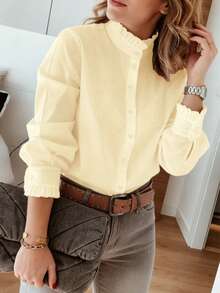 Women's Regular Length Shirt With Stand Collar And Ruffle Trim Details Spring - Yellow - View 2