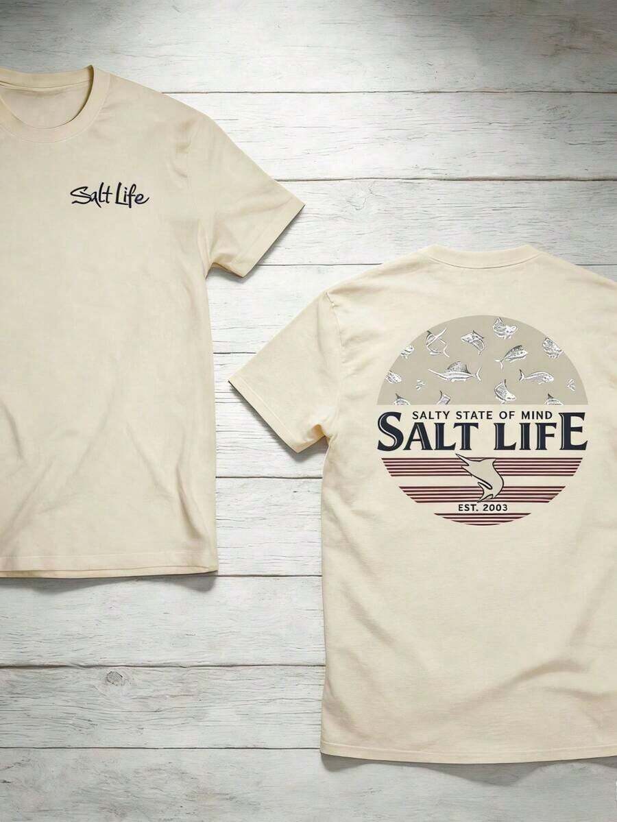 The "Salt Life" T-Shirt, Featuring A Print Of Near-Shore Fish, Is Ideal For Ocean Lovers And Beach Adventurers. Print Y2K Crew Neck T Shirt For Women, Holiday, Vacation, Spring, Festival,Graphic Tees,Vintage T Shirts,Free Shipping,100% Cotton - 杏色 - 查看 1
