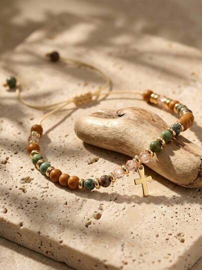 ZIRUISP 1pc Adjustable Natural Stone Beaded Bracelet For Women, Boho Cross Pendant Bracelet, Multicolor Braided Bracelet, Birthday Mother's Day Christian Easter Jewelry Gift For Mom BFF Friends