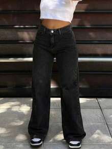 Teen Girl Casual Front Button Pocket Straight Leg Jeans, Daily Wear - Black - View 3