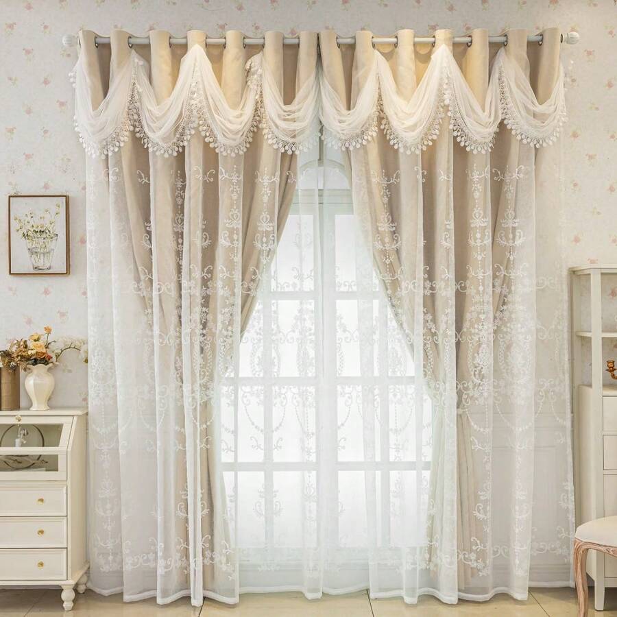 1 pieza Cortina Retro Europea, Tela Opaca con Forro Transparente, Estilo Bordado Princesa para Sala de Estar y Dormitorio - Beis - Ver 1