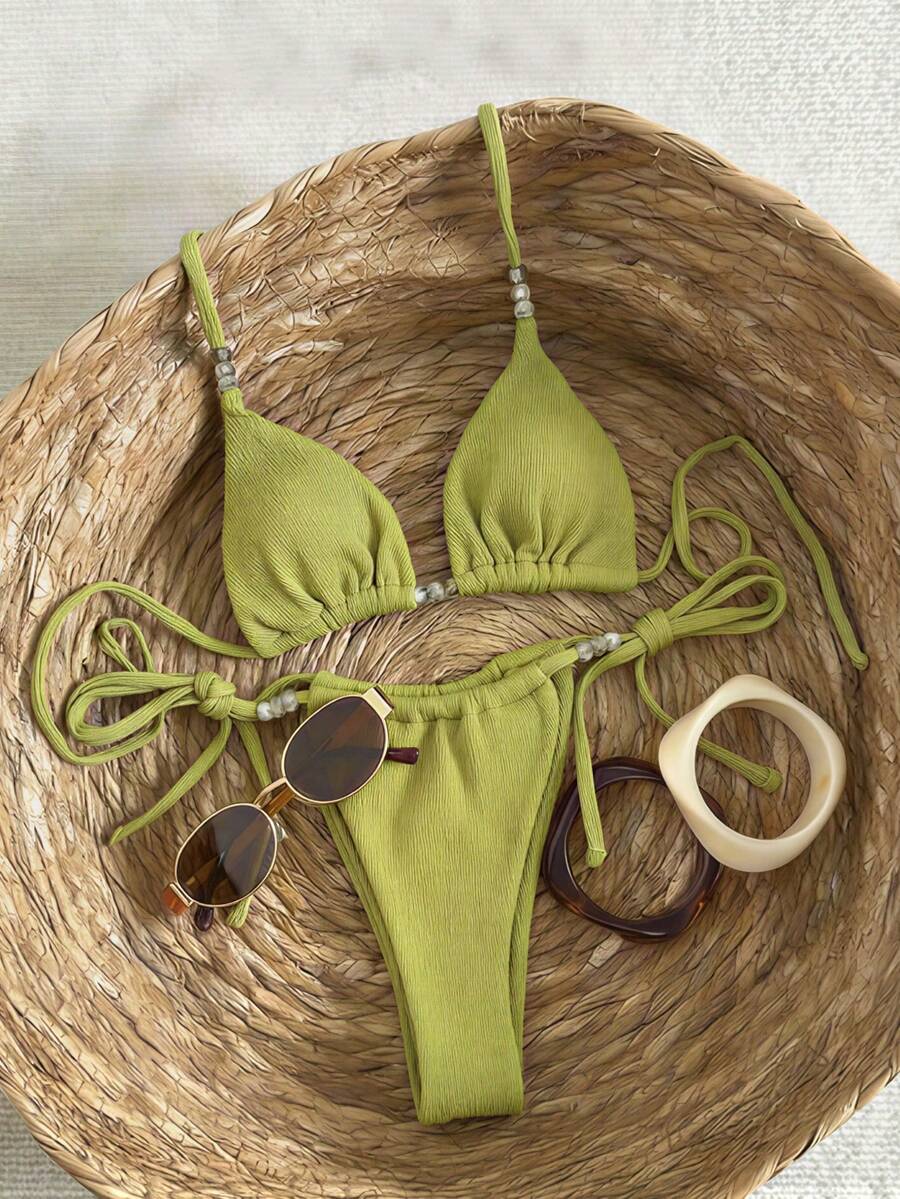 Bộ bikini hai mảnh màu xanh lá cây thanh lịch và gợi cảm dành cho nữ, chất liệu vải có họa tiết, kiểu dáng yếm, thích hợp cho kỳ nghỉ hè, đi biển và các buổi tiệc bể bơi. - màu xanh lá - Xem 1
