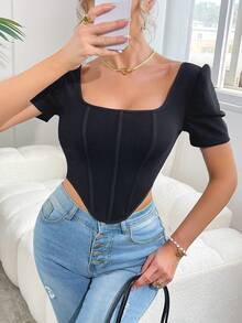 Black Square Neck Petal Sleeve Cinched Waist Top - Black - View 1