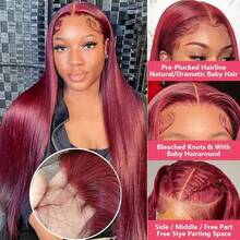 30英寸 13x4 蕾丝前假发，真人混纺发丝，预先拔毛，200密度直发假发，真人前额假发，带婴儿发，蕾丝前额假发，女士款 #99J 酒红色 - SBUG/99J - 查看 4