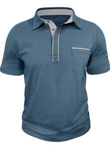 Plus Size Men's Fashion New Contrast Color Polo Shirt, Casual Solid Color Button Pocket Turndown Collar Top - Baby Blue - View 2