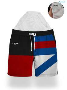 Short de bain pour hommes à taille élastique imprimé, séchage rapide à double couche avec doublure en maille, graphique blocs de couleurs 3D de mouette, short de plage décontracté à la mode pour les vacances d'été - Multicolore - Voir 2