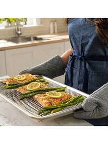 Bộ 1 khay nướng bằng thép không gỉ kèm giá làm nguội, chống gỉ sét, vành dày, thích hợp để nấu nướng, đồ dùng cho lễ Eid Al-Fitr và Eid Al-Adha, dụng cụ nướng BBQ. - 23,5x17,5x2,5cm - Xem 3