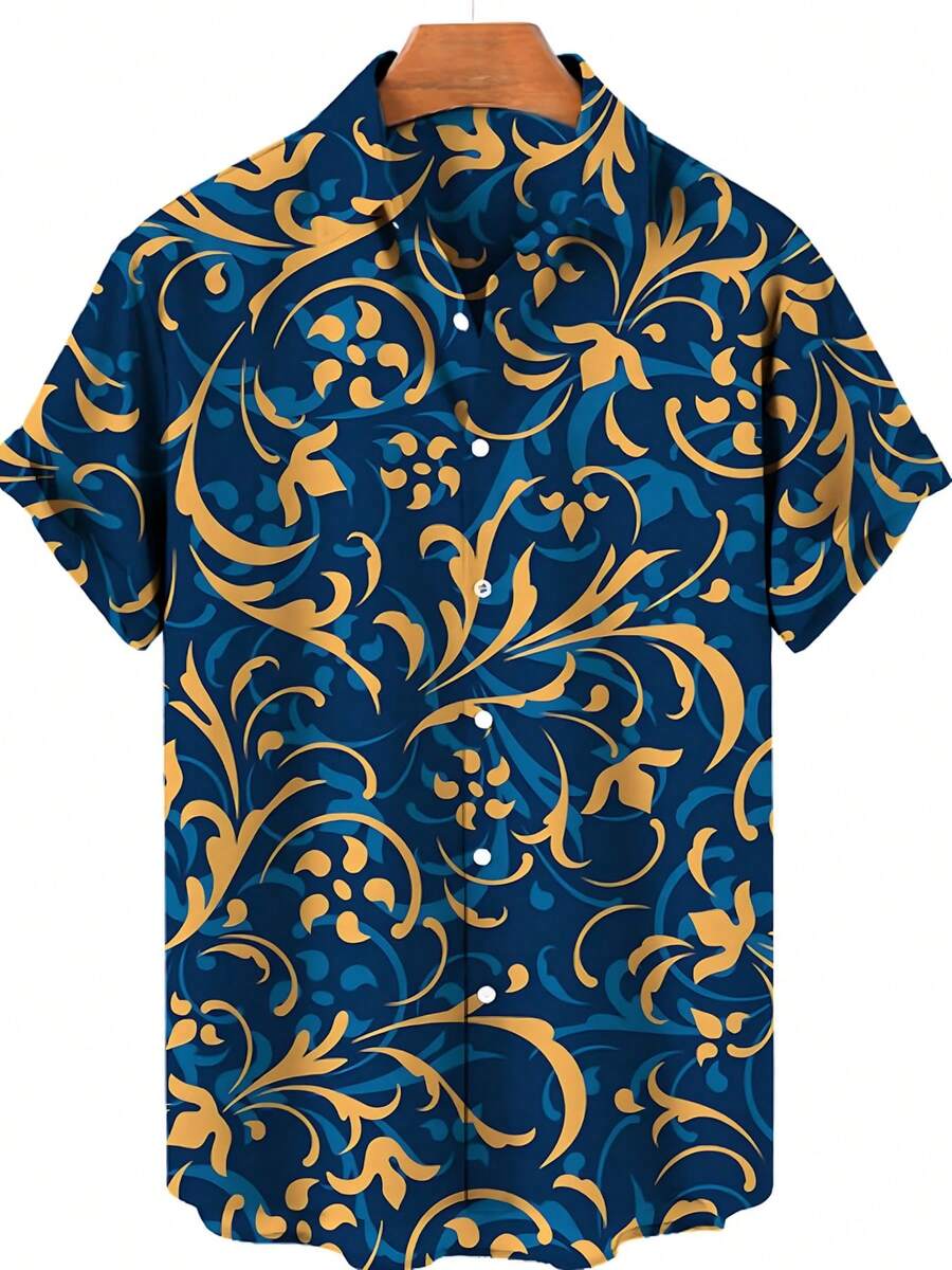 Golden Floral Compass Pattern Radiates Symmetry Symbolizing Direction Wisdom And Elegance For Confident Style 3D Printed Mens Short Sleeve Button Down Shirt - A508D-aT22881 - View 1
