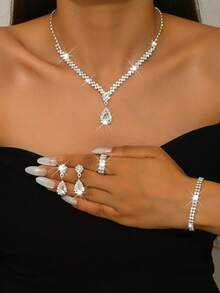 3pcs Silver Metal Rhinestone Inlaid Necklace, Earrings And Bracelet Jewelry Set, Bridal Wedding Accessories - 734783424-2 Silver-hB - View 6