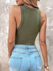 Ribbed Tank Tops For Women Built In Bra High Neck Racerback Shelf Bra Summer Casual Comfortable Yoga Shirts Sleeveless Undershirt - 軍綠色 - 查看 6