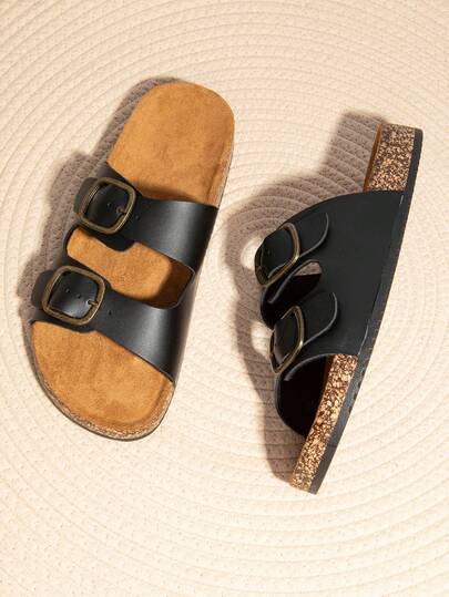 Sandalias de verano casuales de doble botonadura para mujer, sandalias de playa casuales y transpirables para exteriores, pantuflas planas cómodas para el hogar y la habitación