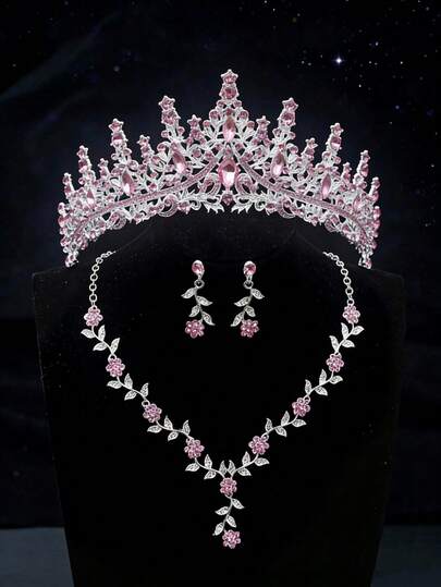 3pcs Luxury Pink Diamond Crown Bridal Jewelry Set, Silver Base Full Rhinestone Leaf Flower Crown, Necklace & Earrings Suit For Wedding Dress, Formal Gown