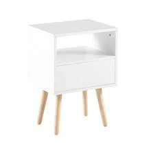 Rattan Side Table With Drawer And Solid Wood Legs, Modern Bedside Table, Side Table For Living Room, Bedroom, White - H55/W40/D30 Cm - White + Natural + Medium Density Fiberboard - View 2