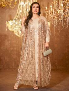 SUPGIR Plus Size Women Long Sleeve Reversible Waist Belt Sequin Patchwork Arabic Evening Dress Spring - Champagne - View 5