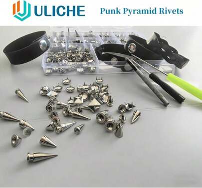 Uliche 559 Pcs Punk Studs And Spikes Kit,8 Sizes Cone Spikes,Square Pyramid&Amp;Circular Rivet,Metal Tree Spikes Studs For Clothing And Leathercraft Accessories DIY Craft Decoration,Wristband Included