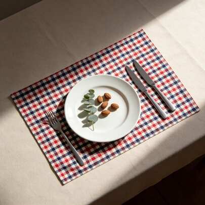 1/2/6件装 英式格子图案餐垫，蓝红撞色网格餐垫