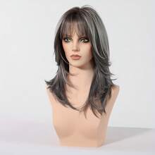 Fashionable Black & Gray Wig With Bangs, Ombre Layered Synthetic Fiber Wig, Suitable For Daily Wear - Gray Ombre - View 4