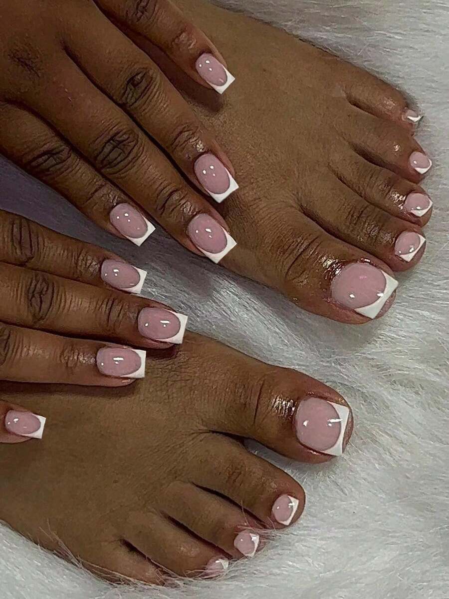 2套/48片法式方形亚克力假指甲及脚趾甲二合一套装，包含2瓶凝胶指甲油和2把指甲锉，时尚简约的人造指甲，适合女性和女孩日常佩戴。