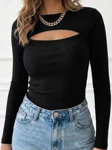 Ladies Ribbed Knit Chest Cutout Long Sleeve Top, Elegant Slim Fit Basic Tee For Daily Wear,All Season - Black - View 3