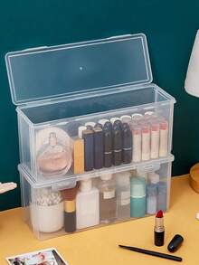 1pc Transparent Cosmetic Storage Box, Bedroom Vanity Desk Organizer For Lipstick, Lip Gloss, Dust-Proof And Sealed, Suitable For Makeup Tools - Clear - View 6