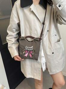 1pc Women's Handbag, Detachable Shoulder Strap, Multi-Color Nylon + Leopard Bow Embroidery + Drawstring Design, Nylon Material, Mini Tote Shoulder Crossbody, Drawstring Closure, Sweet & Cool Girl Style Bucket Bag, Suitable For Daily, Commute, Casual, Date - Multicolor - View 7