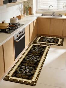 1pc Silica Gel Kitchen Mat, Faux Marble Texture With Decorative Patterned Border. The Mat Body Presents A Marble-Like Cracked Effect In A Predominantly Brown Tone, Complemented By Golden Texture; The Edges Feature A Golden And Patterned Black Border. - متعدد الألوان - مشاهدة 2