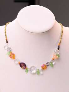 1件甜美春日彩色花叶串珠项链，简约百搭日常佩戴女士饰品 - 彩色 - 查看 6