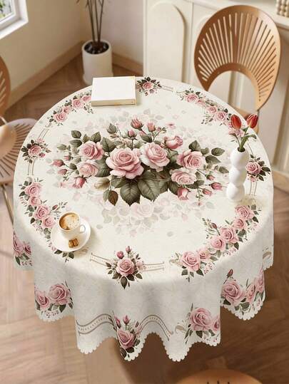 1 stuk delicate tafelkleed met roze rozenprint in aquarel, veelzijdig shabby chic polyester tafelkleed met geschulpte rand, kleurecht, waterdicht, kreukvrij en betrouwbare tafelbeschermer, ideaal voor alle gelegenheden, Valentijnsdiners, lentebijeenkomsten in de tuin, het hele jaar door vrouwelijke woondecoratie, onmisbaar tafelaccessoire en evenementaccessoire, tafelkleed voor thuis, keuken, bruiloft, tafeldecoratie, tafeldecoratie voor bruiloften, kamerdecoratie, vintage decoratie