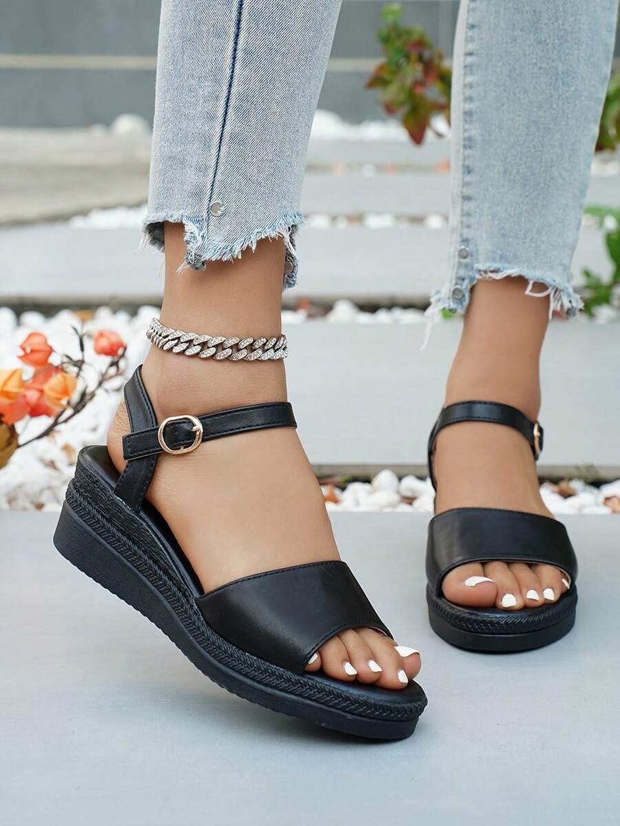 Giày sandal đế xuồng dày dặn màu đen thời trang mùa hè cho nữ, kiểu dáng thường ngày thoải mái, đa năng, hở mũi, chống trơn, thích hợp cho hoạt động ngoài trời, sandal mũi tròn quai hậu màu trơn. - màu đen - Xem 1
