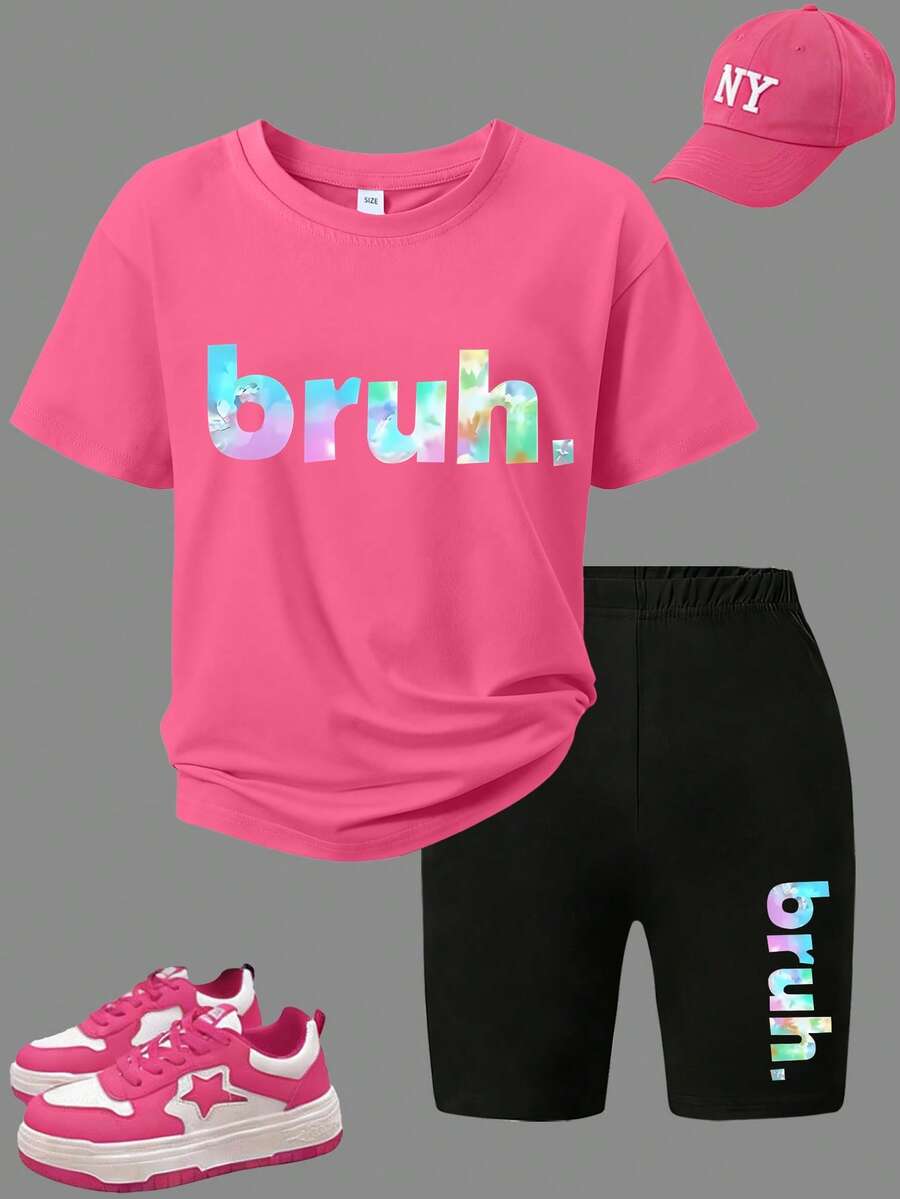 2pcs/Set Teen Fashion Graphic Print Short Sleeve T-Shirt And Pants Set. Featuring Letter Pattern Design. Perfect Summer Gift Choice, Suitable For School, Picnic, Spring/Summer Season, Travel And Party Occasions. - Hot Pink - View 1