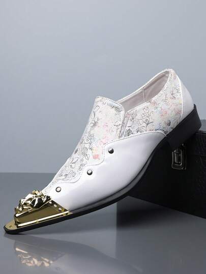 QRLQRL 1 par de zapatos casuales y formales para hombre, con decoración dorada en la punta, parte superior de PU con estampado, suela de goma, diseño slip-on, tacón plano
